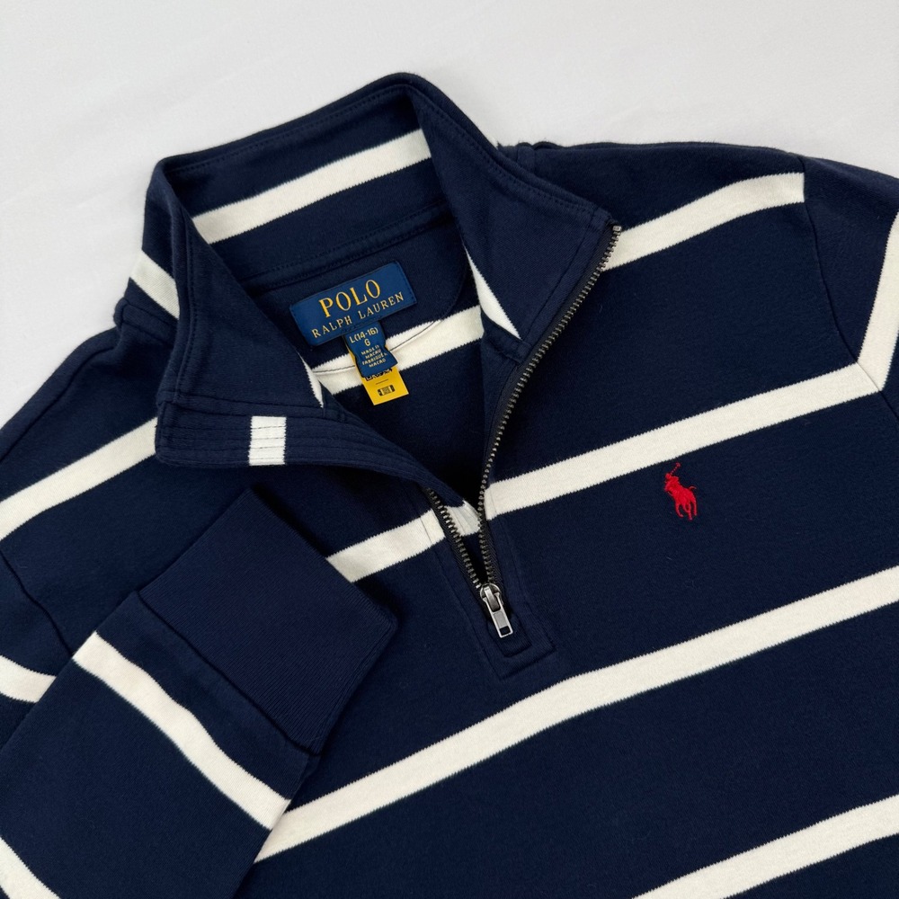 Polo Ralph Lauren Boys Navy White Striped Quarter Zip Pullover Size L 14-16